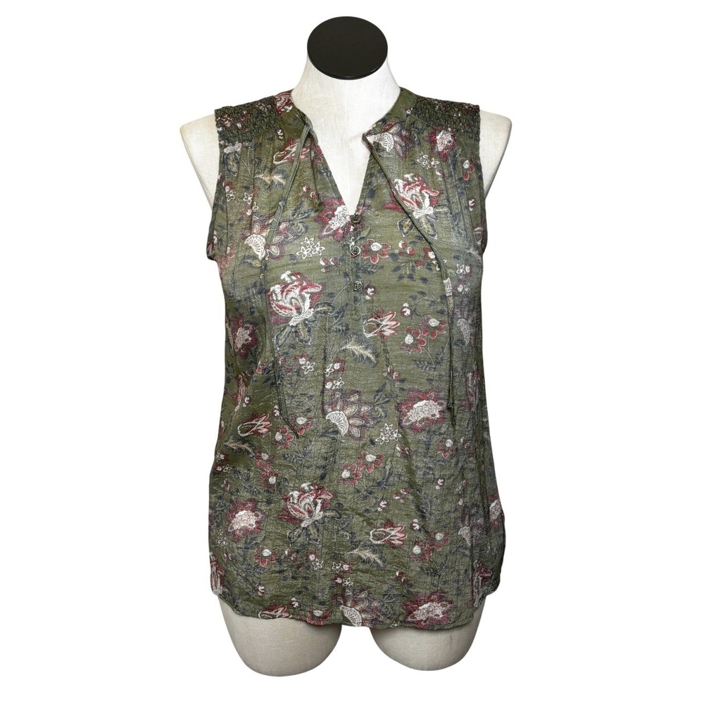 St Johns Bay Womens Green Floral Print Sleeveless Tie Neck Blouse Top L